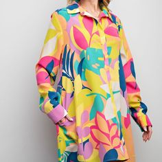 Women's Blouse Tunic Yellow Pink Colorful Purple Blue Hi Low Button Up Top Top runs roomy Small to 3X Multicolor Fall Vacation Shirt, Colorful Long Sleeve Spring Shirt, Colorful Floral Print Fall Blouse, Chic Multicolor Buttoned Tops, Chic Multicolor Tops With Buttons, Spring Collared Shirt With Colorful Pattern, Colorful Long Sleeve Vibrant Blouse, Colorful Pattern Long Sleeve Blouse For Spring, Colorful Long Sleeve Blouse For Spring