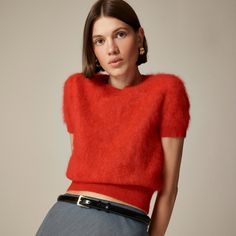 Brushed cashmere T-shirt Sweater Crop, Outfit Combinations, Short Sleeved Sweaters, Denim Outfit, Cashmere Sweater, Fashion Set, Denim Women, Crew Neck Sweater, Sweater Outfits