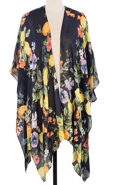 A blossoming garden print adorns this lightweight kimono for lovely feminine style. 34" x 44" Open front Kimono sleeves Vented sides Floral and fruit print Lightweight woven construction Handkerchief hem 100% rayon Hand wash cold, line dry Imported Model’s stats for sizing: 5’10” height, 34” bust, 27” waist, 35” hips. One Size Multicolor Floral Print Kimono, Multicolor Floral Print Kimono One Size, Black Shawl Kimono For Spring, Spring Shawl Kimono With Floral Print, Floral Print Shawl Kimono For Spring, Spring Floral Print Shawl Kimono, Multicolor Shawl Kimono For Spring, Casual Shawl Kimono For Spring, Spring Casual Shawl Kimono