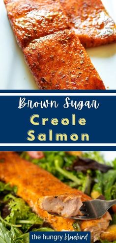 grilled salmon on a white plate with green salad and brown sugar creme salmon