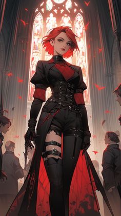 a woman with red hair and black clothes standing in front of a gothic - themed church