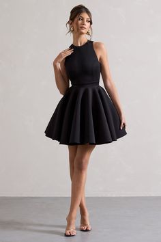 Waverly | Black Racer-Neck Sleeveless Skater Mini Dress Skater Dresses Formal Classy, Skater Mini Dress, Midi Bridesmaid Dress, Club L London, Prom Inspo, Black Dresses Classy, Black Racer, Tie Collar, Strappy Stilettos