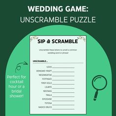 Unscrambling puzzle to entertain wedding guests during the cocktail hour with wedding related items! Available as a PDF digital download (answer key included) Wedding Cocktail Hour Games, Cocktail Hour Games, Wedding Cocktail Hour, Game Wedding, Wedding Game, Cocktail Hour Wedding, Bridal Shower Game, Wedding Cocktail, Wedding Games