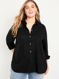 spread collar long sleeves buttoned cuffs full-button front patch chest pocket hi-lo hem relaxed fit hits at hip models are approx.  5'9" and wear sizes s (4), l (12), and xl (18)machine wash according to the care instruction label Black Long Sleeve Shirt With Buttoned Pockets, Long Sleeve Tops With Button Closure For Casual Gatherings, Everyday Long Sleeve Blouse With Rolled Sleeves, Trendy Long Sleeve Shirt For Casual Gatherings, Oversized Shirt With Button Closure For Casual Gatherings, Oversized Shirt For Casual Gatherings, Relaxed Fit Long Sleeve Tops With Buttoned Pockets, Long Sleeve Shirt With Button Cuffs For Casual Gatherings, Oversized Long Sleeve Shirt With Rolled Sleeves