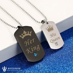 Show your love and share your story with this meaningful "His Queen, Her King" Couple Necklace Set that perfectly represents a one-of-a-kind relationship. (Each set comes with 2 necklaces) Treat yourself or someone you love to a gift like no other. These necklaces are: completely hypoallergenic waterproof easy to clean won't discolor over time (stainless steel) one size fits all adjustable up to 22 inches "I feel very lucky to have found these necklaces for my boyfriend and myself just in time f Necklaces Photography, Her King His Queen, Baguette Diamond Necklace, Her King, His Queen, Dainty Diamond Necklace, Bracelet Couple, Crown Necklace, Clover Charm