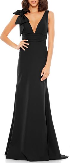 Mac Duggal Bow Shoulder V-Neck Gown | Nordstrom Mac Duggal Dress, Deep V Neck Dress, Mac Duggal Dresses, Elegant Prom Dresses, Prom Dresses Sleeveless, Perfect Prom Dress, Mac Duggal, A Line Gown, Long Black Dress