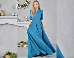 "Women Formal Dress, Evening Dress, Blue Green Maxi Dress Blue green long dress with circle skirt. Dress with lining, mid sleeves and zipper on the side. The material is very comfortable for wearing them, slightly elastic and crease. When washing, the color remains the same brightness. ➤ Features > dress lenght: 150 cm / 60\" > circle skirt > mid sleeves > v neckline  > waistband ➤ Sizing My Size Guide in FAQ section below will help you define the perfect size match.  The item can also be made a Women Formal Dress, Cocktail Dress Elegant, Long Green Dress, Green Maxi Dress, Maxi Dress Long, Circle Dress, Blue Evening Dresses, Green Maxi, High Waist Dress