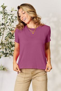 Get your hands on this Classic Round Neck Short Sleeve Basic Solid Color T-Shirt, with just the right amount of stretch for all your fashion needs! Perfect for every occasion, make sure you have one in every color for a stylish and practical wardrobe. Features: Basic style Sheer: Opaque Stretch: Slightly stretchy Material composition: 95% rayon, 5% spandex Care instructions: Machine wash cold. Tumble dry low. Imported Size US Top Length Shoulder Bust Sleeve Length S 6/8 23.2 15.4 39.4 7.1 M 10/1 Stretch Crew Neck Short Sleeve Top In Solid Color, Stretch Crew Neck Short Sleeve Top, Everyday Purple Short Sleeve Tops, Versatile Crew Neck Tops In Solid Color, Versatile Solid Color Crew Neck Tops, Versatile Solid Crew Neck Tops, Versatile Solid Color Relaxed Fit Top, Maxi Dress Cocktail, Baywatch