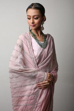 Shop for Rhua India Pink Chanderi Saree With Embroidered Blouse for Women Online at Aza Fashions Zardozi Saree, Light Pink Saree, Blouse Satin, Chanderi Saree, Aari Embroidery, Satin Blouses, Pattern Embroidery, Satin Blouse, Pink Saree