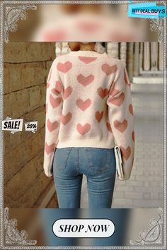 Fashionable Knitted Round Neck Casual Love Long-sleeved Pink Sweater Cute Crew Neck Cardigan, Cute Long Sleeve Soft Knit Sweater, Cute Long Sleeve Soft Knit Tops, Cute Knit Long Sleeve Sweater, Fitted Heart Print Sweater For Fall, Fall Long Sleeve Heart Print Outerwear, Casual Long Sleeve Heart Print Outerwear, Fall Heart-shaped Sweater, Cozy Crew Neck Sweater With Heart Print