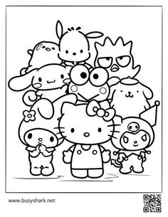 the hello kitty family coloring page is shown in this image, it has many different characters