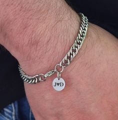 Personalized gifts such as a link chain bracelet are a thoughtful gift for him. Crafted from high-quality silver stainless steel, this chain bracelet features a sophisticated design that is both stylish and durable. Perfect for everyday wear or special occasions, this bracelet makes a great gift for yourself or a loved one. Add a touch streetwear style to your outfit with this sleek and modern accessory. 👉 Custom engraving on bracelets with a special message, whether it's initials, initials wit What To Get Your Man For Christmas, Men’s Chain Bracelet, Silver Bracelets For Men For Him, Silver Gifts For Men, Mens Silver Bracelets Unique, Silver Cuban Link Stainless Steel Bracelets, Silver Cuban Link Stainless Steel Bracelet, Silver Curb Chain Bracelets For Gift, Silver Curb Chain Bracelets As Gifts