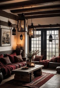 a living room filled with lots of furniture next to a large window and a wooden coffee table