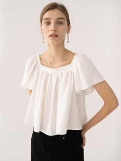 Editor's Notes  Blouse by KINDERSALMON Introduce it to your other nice tops all-over white square neck flared sleeves, relaxed bodice regular fit. - Seersucker fabric- Square neck line- Smocked detail- Cropped hem, fluid sleeve- Feminine moodMeasurements(in.)- Size: One size(XS-M)- Length: 18.11in- Bust: 16.14in- Sleeve: 9.45in- Wrist: 12.20in- Model:  5' 7 / Bust: 32.48in / Waist: 24.02in / Hip: 35.04in and wearing a size SComposition & Care- 100% Cotton- Dry cleaning first time, then hand wash Designer- by KINDERSALMON Smocked Blouse, White Square, Dress For Success, Blouse White, Fabric Squares, Flared Sleeves, Nice Tops, Mens Bottom, Square Neck