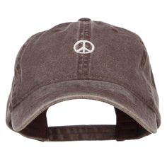 a brown hat with a peace sign embroidered on the front and back side, against a white background