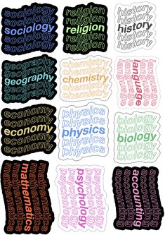 the word stickers are all different colors and sizes, with words written in them