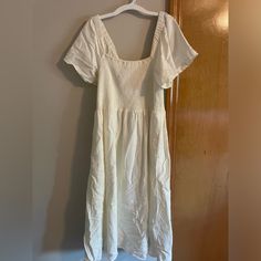 Size M, Puff Sleeves, Smoke Free Home, Has Lining Casual Cotton Smocked Dress With Square Neck, White Casual Smocked Dress With Square Neck, Casual White Smocked Dress With Square Neck, Casual Smocked Dress With Square Neck For Daywear, Casual Cream Smocked Summer Dress, Casual Puff Sleeve Smocked Beach Dress, Spring Cream Smocked Short Sleeve Dress, Cream Midi Dress With Smocked Back For Daywear, Casual Puff Sleeve Smocked Dress For Beach