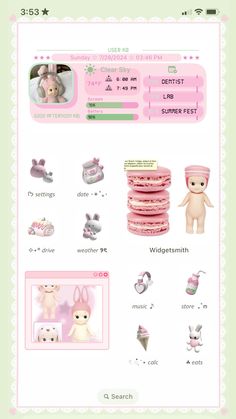 an image of a website page with many items on it, including pink and green