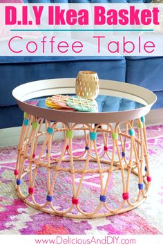 diy ikea basket coffee table with colorful beads on it and the text overlay says diy ikea basket coffee table