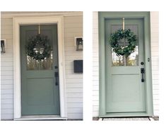 two pictures of the same door with wreaths on it