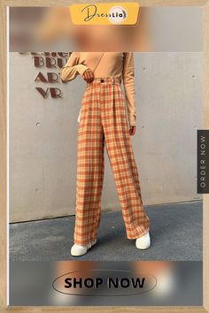 Simple Vintage Plaid Causal Long Women Pants Street Fashion Straight Wide Leg Pant Baggy High Waist Pants For Fall, High Waist Baggy Pants For Fall, Retro High-waisted Pants For Fall, Plaid Straight Pants For Summer, Fall Retro High-waisted Pants, Summer Plaid Straight Pants, Baggy High-waisted Pants For Fall, Casual Plaid Pants For Spring, Retro Non-stretch High-waisted Pants