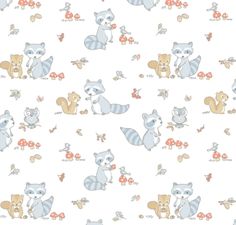 an animal themed wallpaper with raccoons, bears and flowers on white background