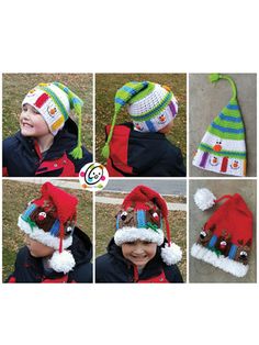 four pictures of a child wearing a knitted christmas hat with pom poms