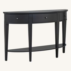 a black console table with two drawers on one side and an open shelf at the bottom