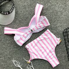 FREE SHIPPING Women High Waist Push Up Striped Bikini Set JKP3224 Floral Swimwear, Backless Swimsuit, Striped Two Piece, Red Swimsuit, Swimming Workout, Womens Bathing Suits, Blue Swimsuit, Black Swimsuit, Push Up