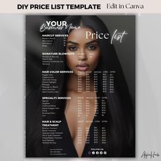 Hair Pricing Template, Editable Hair Stylist Price List Template, Hairstylist Pricing Guide Sheet, Hair Business Salon Black and White Flyer ⭐️ WELCOME TO AHJIN HUB ⭐️ We are your source and destination of all things template ideas. Keep Your Business Organized with this Minimal and Neutral flyer template that is perfect for your social media. This Price template is perfect for small businesses such as beauty salons, nail salons, hair or spa businesses. The template is easy to customize and will Hair Gel Flyer, Hair Stylist Price List, Salon Black And White, Salon Price List, Pricing Templates, Spa Business, Hair Business, Price List Template, Pricing Guide