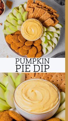 pumpkin pie dip in a white bowl surrounded by crackers and apples