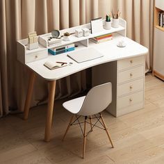 a white desk with two chairs next to it and a book shelf in the corner