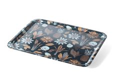 a rectangular tray with flowers and leaves on it, against a white background the tray is made out of plexed plastic