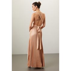 Gold (100% Polyester). Gown. Plunge neck. Back zipper closure. 55" from shoulder to hemline. Imported. Chic V-neck Prom Gown, Pleated V-neck Gown For Party, Party Gown With Pleated Back In Maxi Length, Glamorous V-neck Gown With Back Opening, Chic Prom Gown With Pleated Back, Formal V-neck Maxi Dress With Tie Back, Party Maxi Dress With Pleated Back, Glamorous Fitted Maxi Dress With Pleated Back, Glamorous Formal Dress With Tie Back