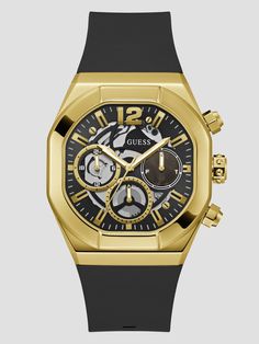 Gold-tone and black multifunctional watch Polished gold-tone case Bold gold-tone hour markers Multifunctional day, date, and 24-hour international time subdials Open face gear Silicon strap Case diameter in mm: 42 Water resistant up to 50m/160 ft Two-year limited warranty Gold Rectangular Dial Chronograph Watch For Business, Gold Chronograph Watch With Round Dial For Business, Gold Chronograph Watch With Rectangular Dial For Business, Gold Chronograph Watch With Subdials For Business, Gold Chronograph Watch For Business, Gold Digital Watch With Subdials, Black Digital Watch With Subdials And Rectangular Dial, Gold Chronograph Watch With Rectangular Dial, Gold Business Watch With Tachymeter