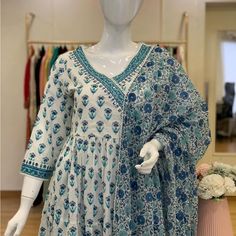 Nwt . Size:L , Anarkali Pit To Pit :21” , Waist:18��” , Bust:27” . Length: 47”, Sleeve:20” . Pants Length :39” . Bust:23” . Elevate Your Wardrobe With This Stunning 3-Piece Cotton Suit, Perfect For Any Special Occasion. The Set Includes A White And Multi-Colored Anarkali Dress, A Salwar Kameez, And A Dupatta. The Intricate Design And Attention To Detail Make This A True Designer Piece. Crafted From High-Quality Cotton And Cotton Blend Materials, This Suit Is Comfortable And Durable. The Size Is L Cotton Anarkali, Anarkali Dress, Designer Dresses Indian, Anarkali, Suits For Women, Designer Dresses, Cotton Blend, Midi Dress, Blue And White