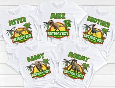 four t - shirts with dinosaurs and palm trees on them for the birthday boy