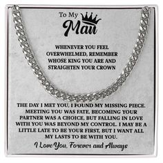 PRICES MAY VARY. 💑 This Necklace makes a perfect gift for husband, boyfriend, fiance. Melt his heart with this gorgeous gift set! Made of Stainless Steel and 14K Yellow Gold Over Stainless Steel, this necklace is great for everyday wear. 💑 Inspiring Message Card – This man necklace comes with lovely motivational message to remind him that no matter what, he is the king of your world. This meaningful card is sure to make his emotional. 💑 LENGTH & SIZE: the cable chain measures 18 inches with a Necklace For Boyfriend, Gifts For Men Birthday, Men Birthday Gifts, To My Man, Men Necklaces, Boyfriend Necklace, Surprise For Him, Chain Necklace For Men, Wife Necklace