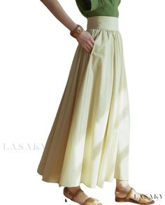 Lasaky - Matsuno Keina Vintage High-Waisted Pleated A-Line Maxi Skirt Featuring an Elegant Flowing Hem Plain Long Skirt For Summer, High-waist Skirt With Wide Waistband For Summer, High Waist Skirt With Wide Waistband For Summer, Casual Skirt With Wide Waistband For Summer, Solid Plain Maxi Skirt For Spring, Spring Maxi Skirt With Elastic Waistband, Waist-length Fitted Skirt Solid Color, Spring High Waist Maxi Skirt With Pockets, Summer Non-stretch Flared Skirt