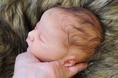 a baby is laying down in a furry blanket with his hands on it's head