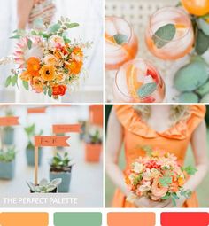 an orange and green wedding color scheme with flowers, greenery, and signs for the bride's bouquet