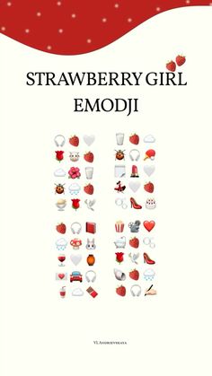 the strawberry girl emodi book cover is shown in red and white, with many icons