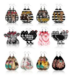 twelve pairs of earrings featuring farm animals and polka dot designs, all decorated in different patterns