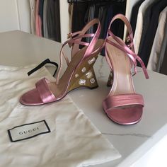 A Shoe Dream Come True - Pink Gucci Sandals With Gold With Crystal Heels. Bound To Get Attention Whenever Worn. These Are Gently Used In Eur 38 (Us 8). Comes With Bag And Box. Glamorous Gucci Evening Sandals, Gucci Party Sandals With Open Heel, Gucci Sandals With Open Heel For Party, Gucci Open Heel Sandals For Party, Designer Gucci Evening Sandals, Glamorous Gucci Ankle Strap Heels, Designer Evening Gucci Sandals, Gucci High Heel Party Sandals, Gucci High Heel Sandals For Party