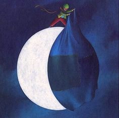 a painting of a person on top of a large white moon in the night sky