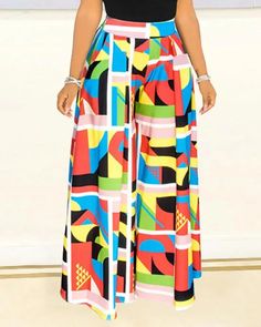 Lasaky - High-waisted geometric print wide-leg pants Multicolor High-waisted Wide Leg Pants With Elastic Waistband, Bold Multicolor Summer Pants, Bold Multicolor Spring Pants, Multicolor Wide-leg Bottoms With Elastic Waistband, Multicolor Wide-leg Pants With Elastic Waistband, Casual Multicolor High Waist Wide Leg Pants, Bold Multicolor Spring Bottoms, Non-stretch Multicolor Wide Leg Pants For Spring, Multicolor Ankle-length Wide Leg Pants With Elastic Waistband