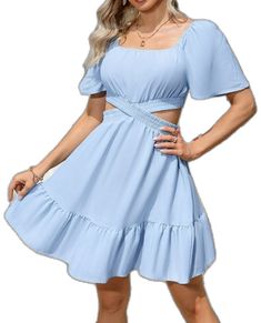 Spring Casual Dresses With Cut-out Waist, Spring Solid Mini Dress With Cutout, Spring Mini Dress With Cutout, Spring Mini Dress With Cutout Detail, Spring Light Blue Solid Mini Dress, Casual Cut-out Waist Dress For Day Out, Casual Dresses With Cut-out Waist For Day Out, Casual Dress With Cut-out Waist For Day Out, Blue Cutout Mini Dress For Summer