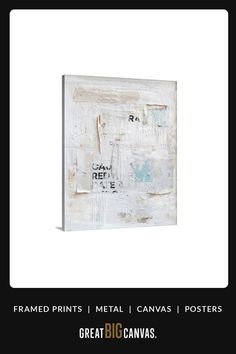 an abstract painting with white and blue colors on the bottom half of it, that reads framed prints metal canvass / posters great big canvases