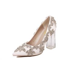 Shop White Rhinestone Flowers Wedding Pumps Clear Chunky Heels Party Shoes color White for Ball, Big Day, Dancing Club, Music Festival, Night Club, Party, Red Carpet, Wedding with worldwide Free shipping & Free return. Party Shoes Heels, Carpet Wedding, Clear Chunky Heels, Red Carpet Wedding, Dancing Club, Wedding Pumps, Club Music, Dance Club, Clear Heels