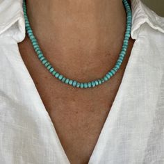 This classic necklace is made from high quality genuine AAA grade natural turquoise 5mm rondelle beads from the Kingman Turquoise mine in Kingman Arizona, USA.   Available as a single strand, and a set of 4 layering necklaces as shown in photo #1; 14",16",18",20". These stones are beautiful shades of brilliant blue and green with lightly brown matrix, have a superior polish, are perfectly calibrated, and are uniform in size.  - Not dyed, treated or color enhanced. 100% natural. - Photos taken ou Turquoise Rondelle Beaded Necklace, Turquoise Rondelle Beaded Necklace Single Strand, Turquoise Rondelle Beaded Necklaces, Boho Choker Necklace, Kingman Arizona, Blue Green Turquoise, Boho Choker, Necklace Extender, Turquoise Bead Necklaces